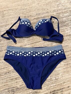 Navy Polka Dot Trim Bikini Set